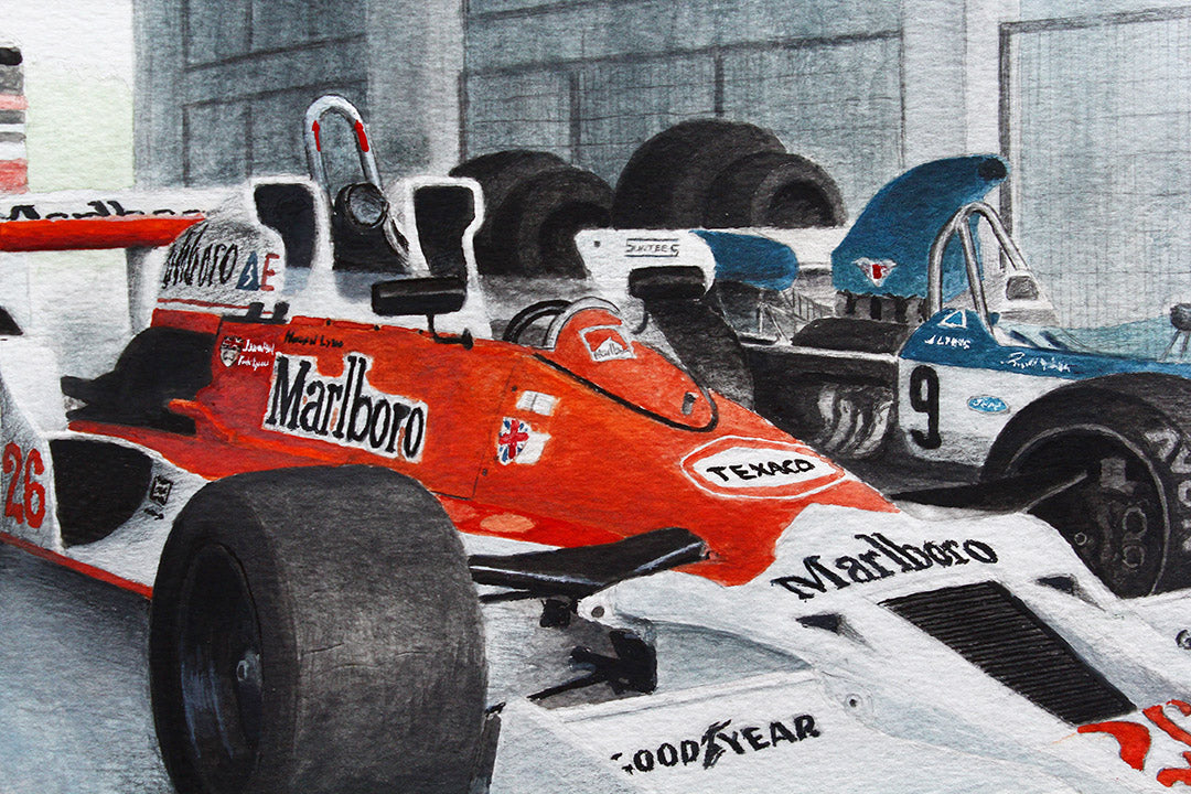 James Hunt's McLaren M26 (1976) & Surtees TS9 (1971) at Estoril Classics 2019 - Original Illustration