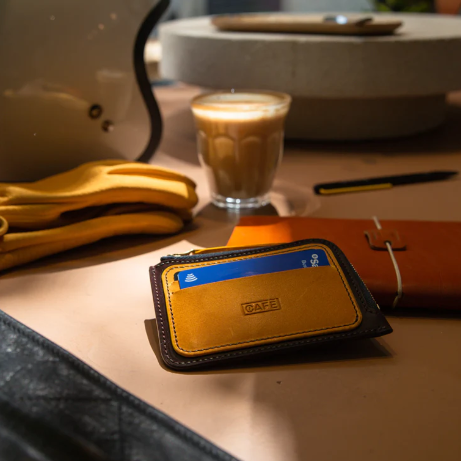 Leather Zip Wallet #2 -Black Coffee & Spicy Mustard